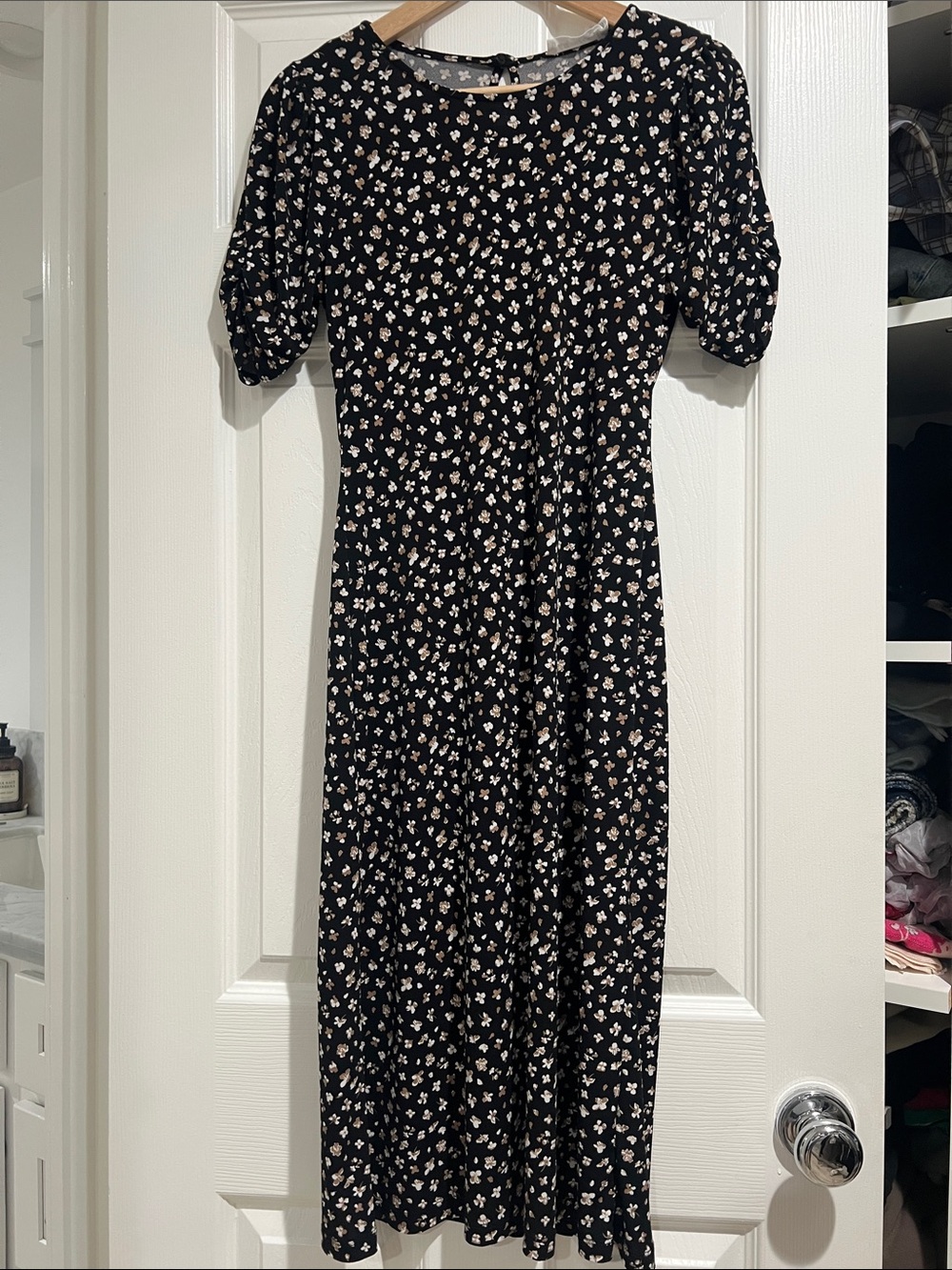 All in Favor Black Midi Dress with Cream Floral Print